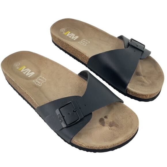 WTW Black Leather Big Buckle Slip-On Slide Sandals Women’s Size 10 Pre-Owned - Picture 1 of 6